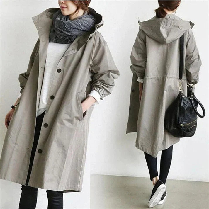 Damen Trenchcoat Mit Kapuze Für Regenwetter