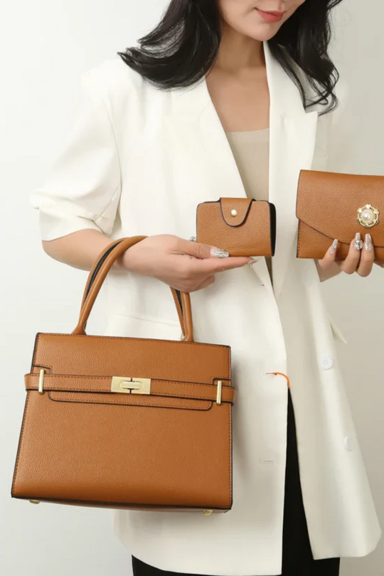 3-teiliges Handtaschen Set aus strukturiertem Kunstleder mit goldenen Details für Damen
