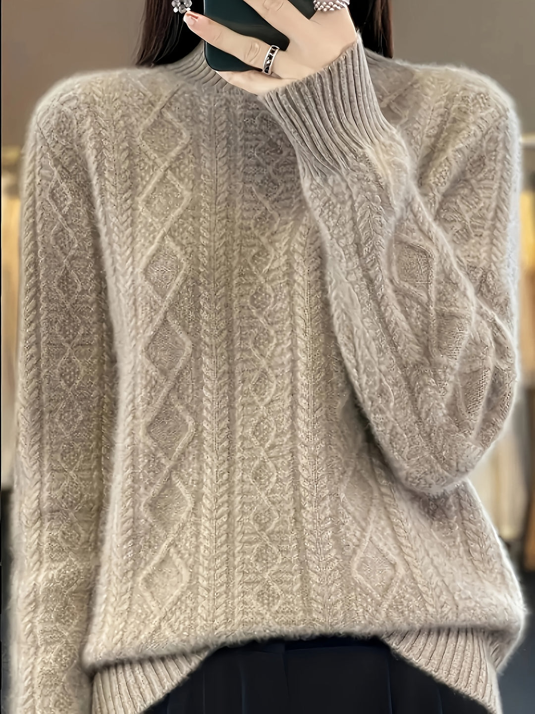 Zopfmuster Pullover mit Stehkragen für Damen
