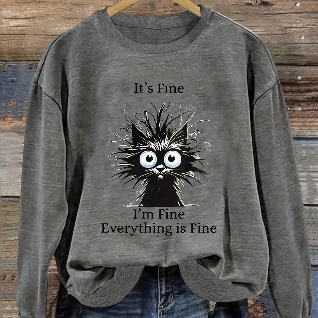 Sweatshirt mit Katzenmotiv und Rundhalsausschnitt für Damen