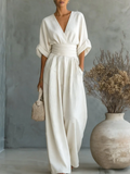 Eleganter Overall mit V-Ausschnitt, hoher Taille und lockerem Sitz für Damen