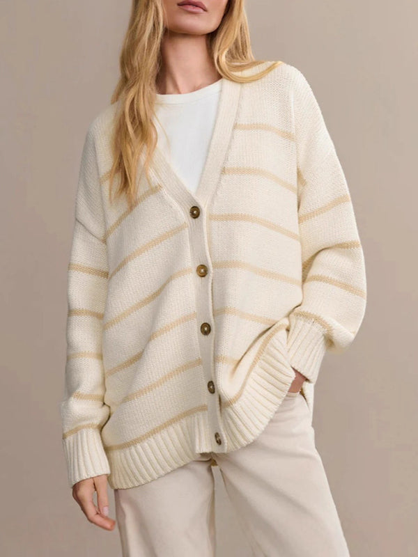 Damen Gestreifter Cardigan Mit V-Ausschnitt Und Knopfleiste
