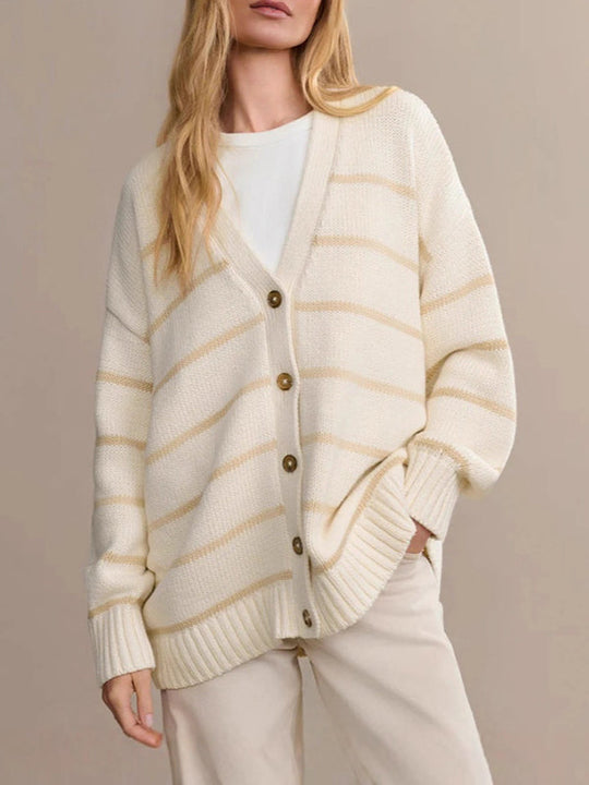 Damen Gestreifter Cardigan Mit V-Ausschnitt Und Knopfleiste
