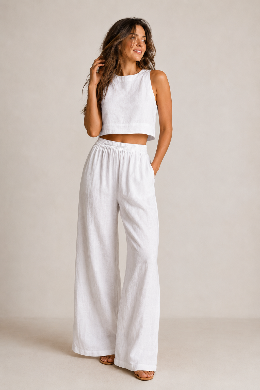 Baumwoll-Zweiteiler Ärmelloses Crop-Top Weite Hose