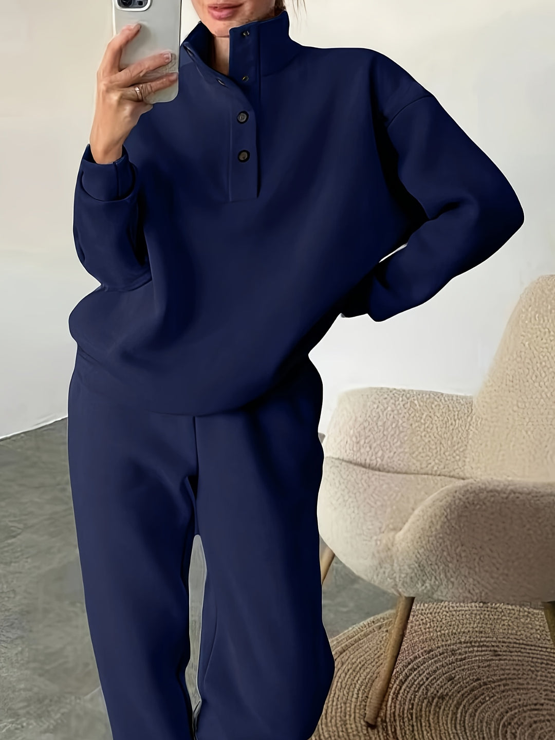 Zweiteiliges Sweatshirt-Set mit Stehkragen und Knopfleiste für Damen