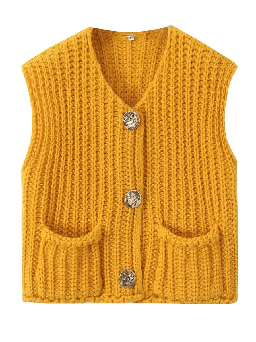 Damen Strickweste Ärmellos Mit Knöpfen Und Taschen
