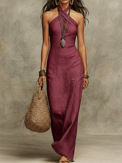 Sexy Maxikleid aus Baumwoll-Leinen mit Neckholder-Ausschnitt