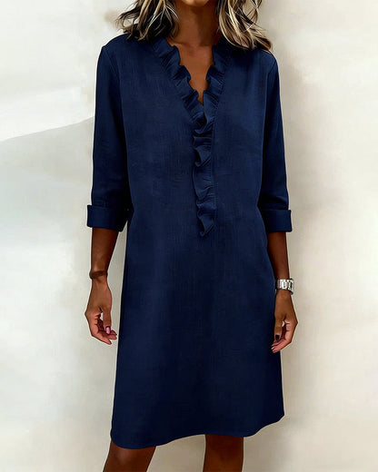 Leinenmischgewebe Kleid mit Volant und geradem Schnitt
