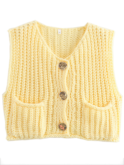 Damen Strickweste Ärmellos Mit Knöpfen Und Taschen