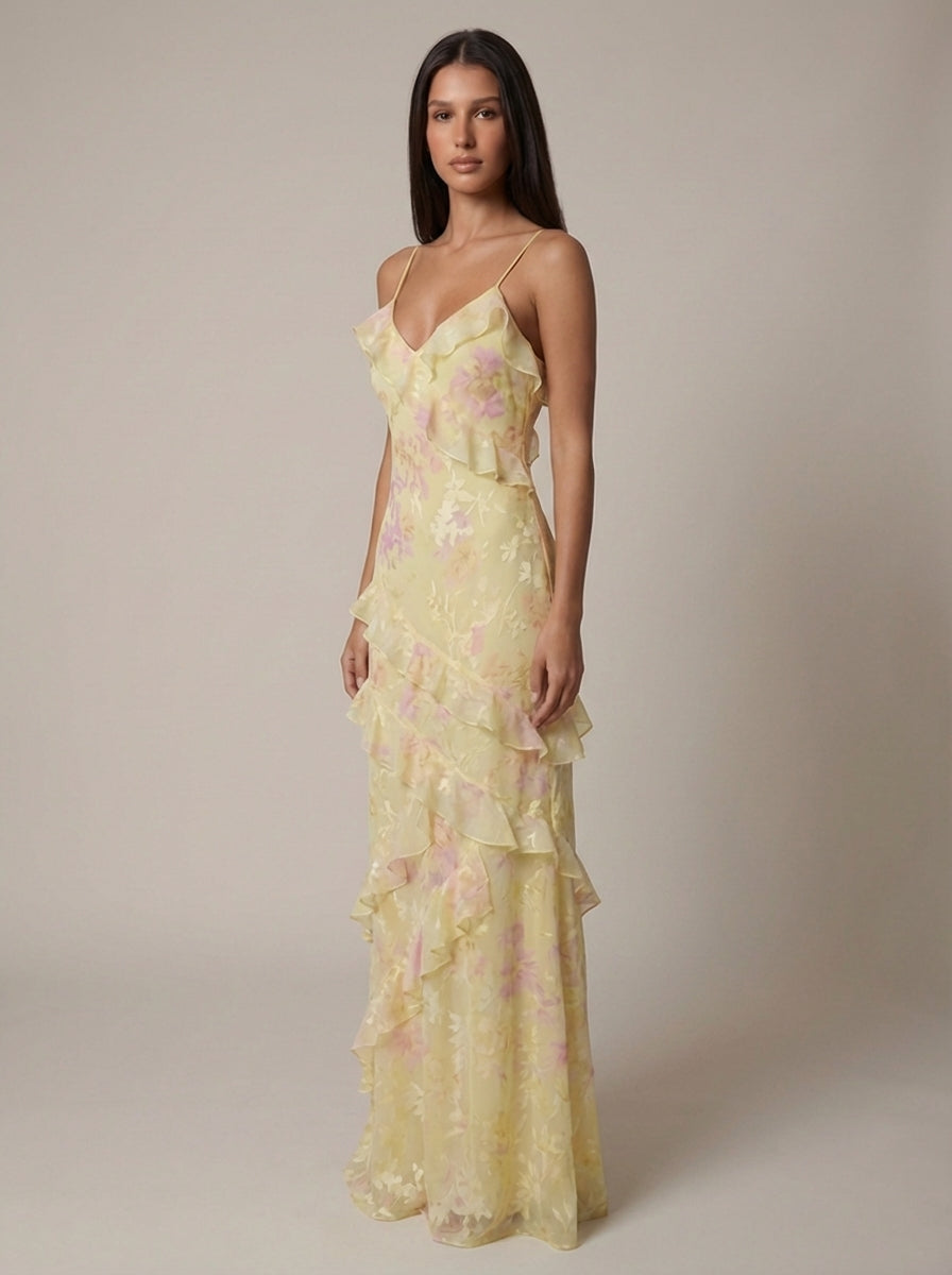 Florales Rüschen-Maxikleid in Gelb und Pink