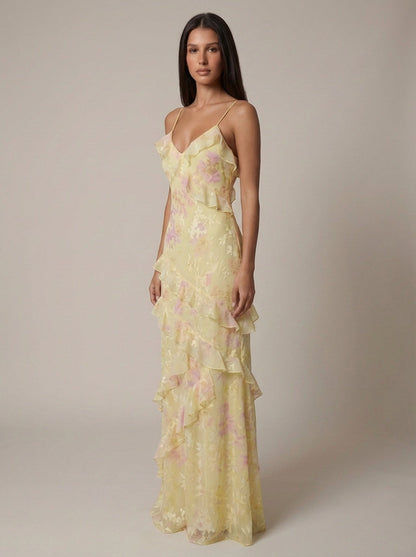 Florales Rüschen-Maxikleid in Gelb und Pink