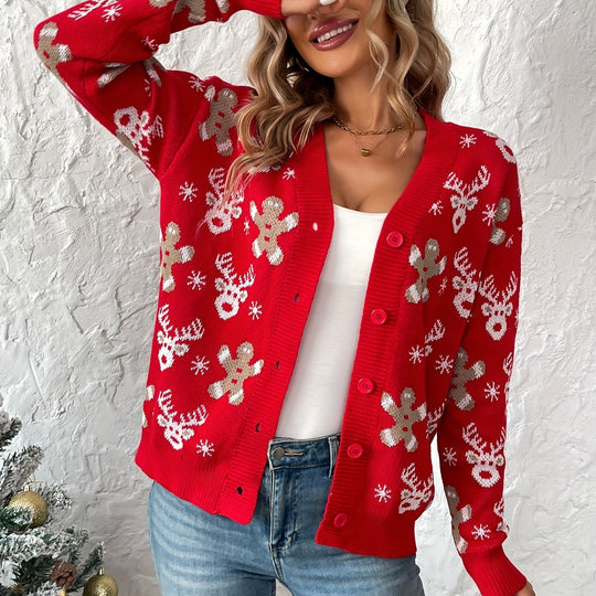 Weihnachtsstrickjacke mit Rentier- und Schneeflockenmuster für Damen
