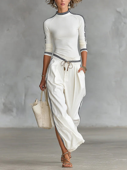 Gemütliches Stretch-Strickoberteil und Leinen-Baumwoll-Hosen-Set