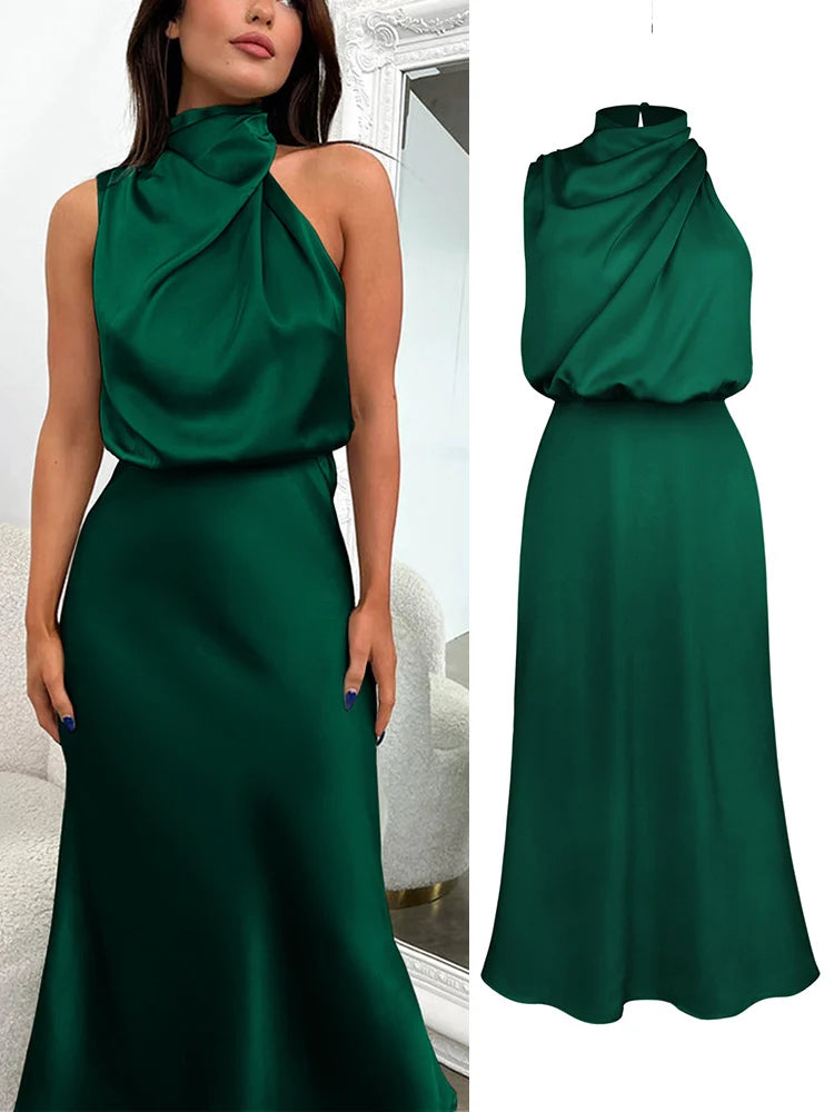 Damen Satin Midikleid mit asymmetrischem Ausschnitt