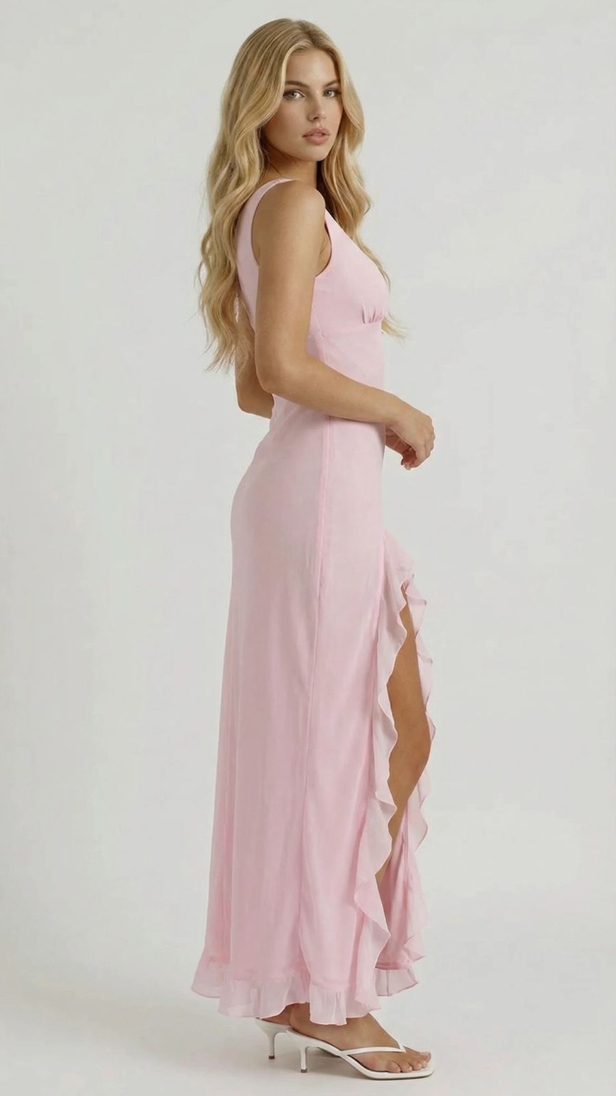 Maxikleid mit Rüschen und Oberschenkelschlitz