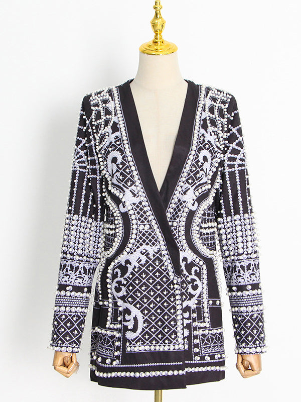 Damen Blazer Mit Perlenverzierung Und V Ausschnitt