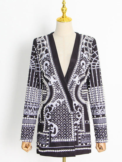 Damen Blazer Mit Perlenverzierung Und V Ausschnitt