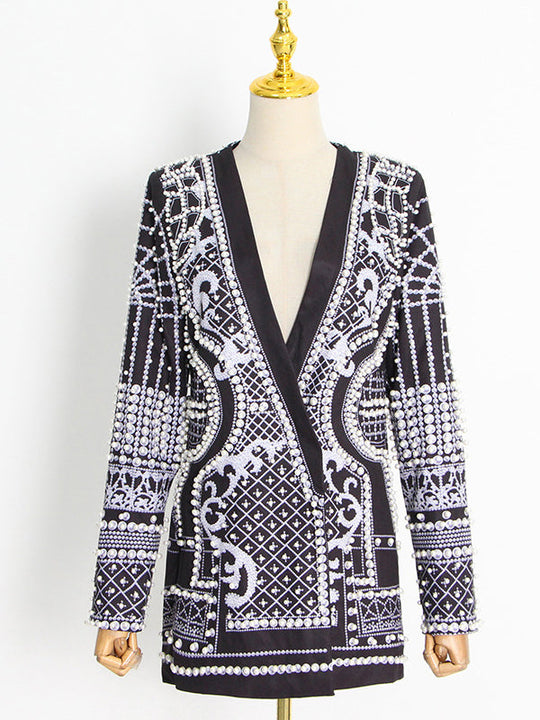 Damen Blazer Mit Perlenverzierung Und V Ausschnitt