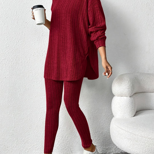 Zweiteiliges Strickset mit Kapuzenpullover und Leggings für Damen