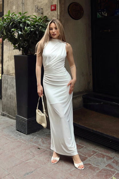Ärmelloses Midikleid für Damen mit drapierter Taille Weiß