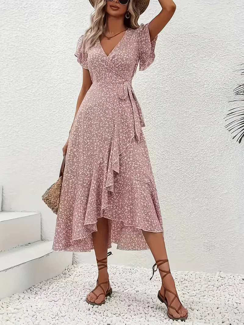 Midi-Wickelkleid mit Blumenmuster und asymmetrischem Saum