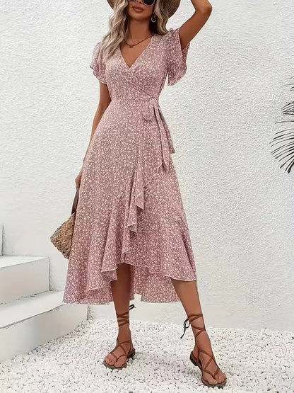 Midi-Wickelkleid mit Blumenmuster und asymmetrischem Saum