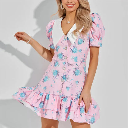 Damen Mini Kleid mit Puffärmeln und Rüschen