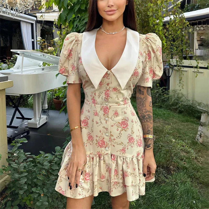 Damen Mini Kleid mit Puffärmeln und Rüschen