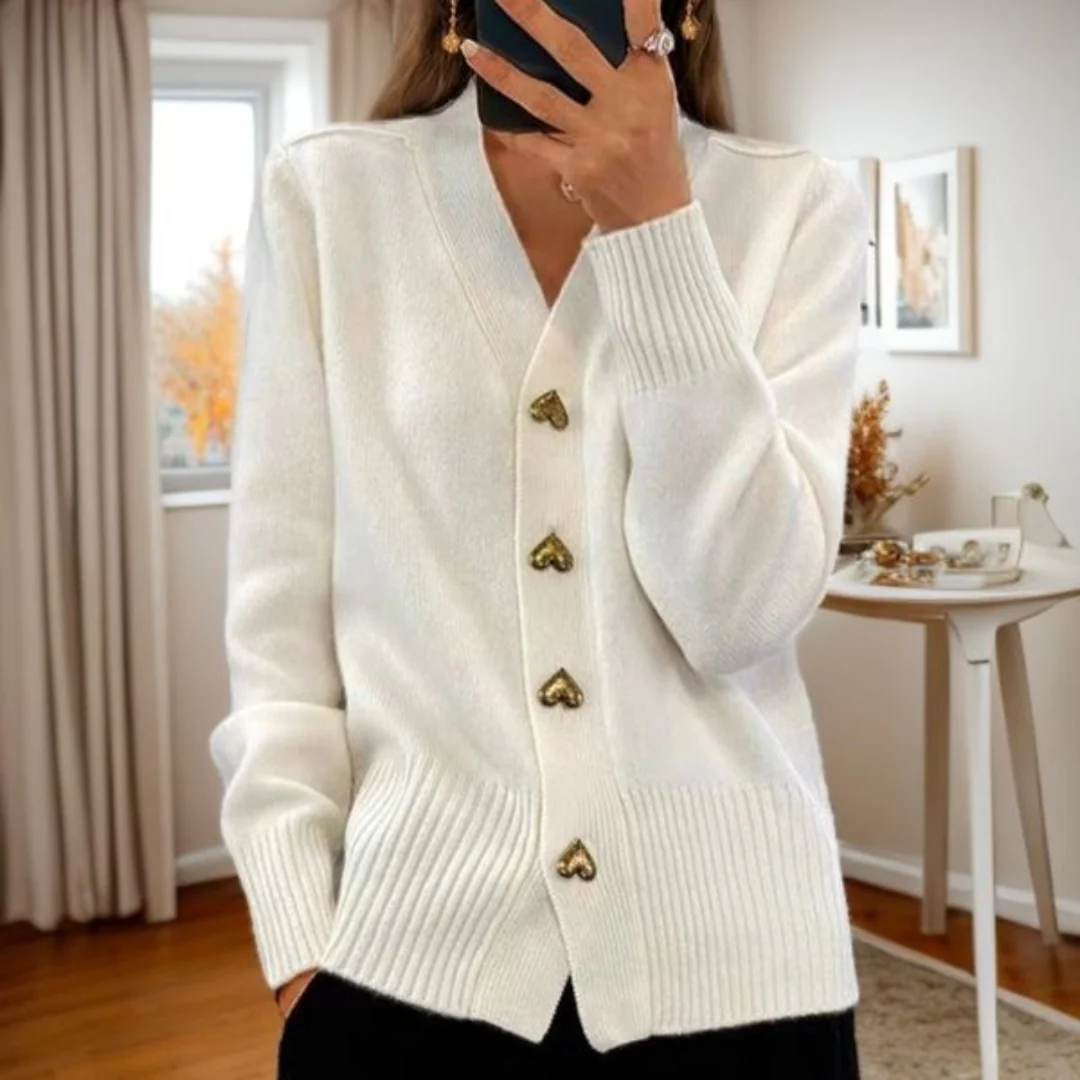 Damen Cardigan Mit Herzknöpfen Und V Ausschnitt