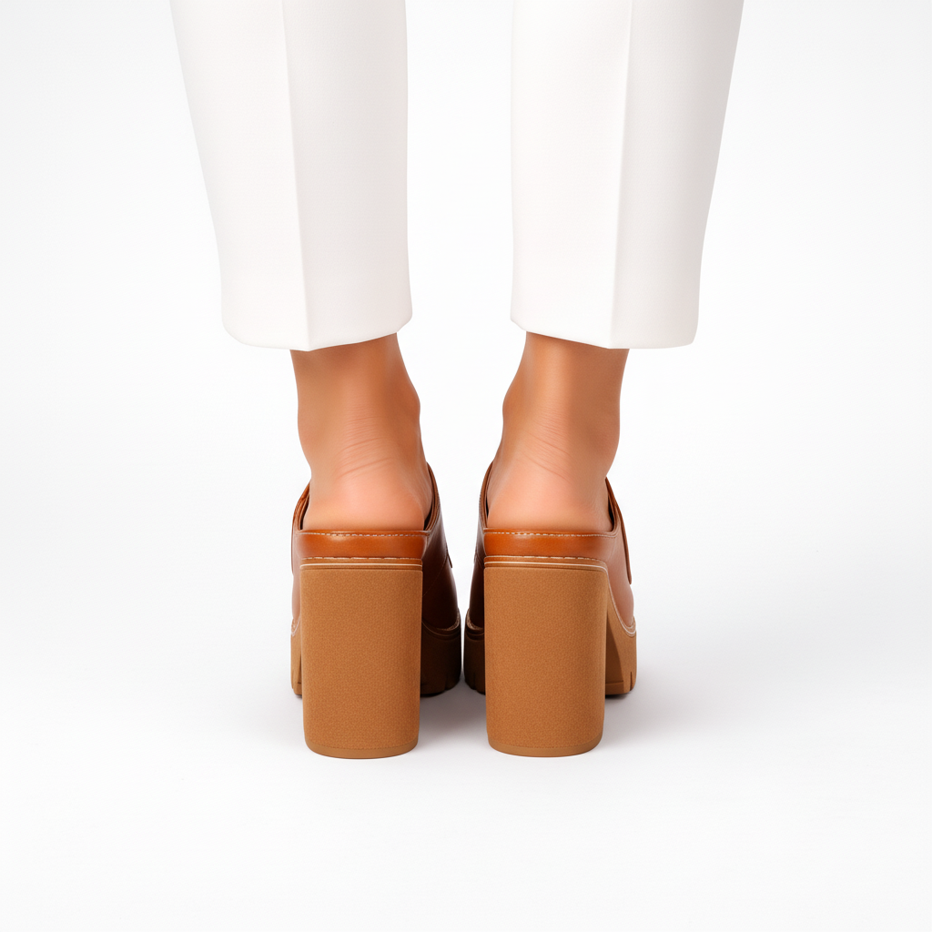 Damen Plateau-Heels mit Blockabsatz, Detail von Plateausohle und Absatz