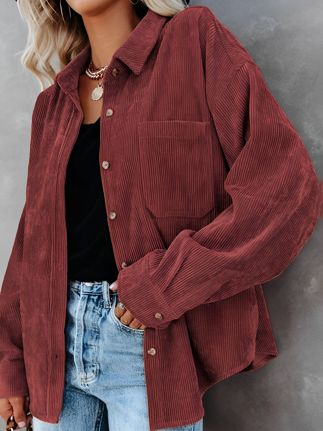 Damen Cordjacke Mit Knopfleiste