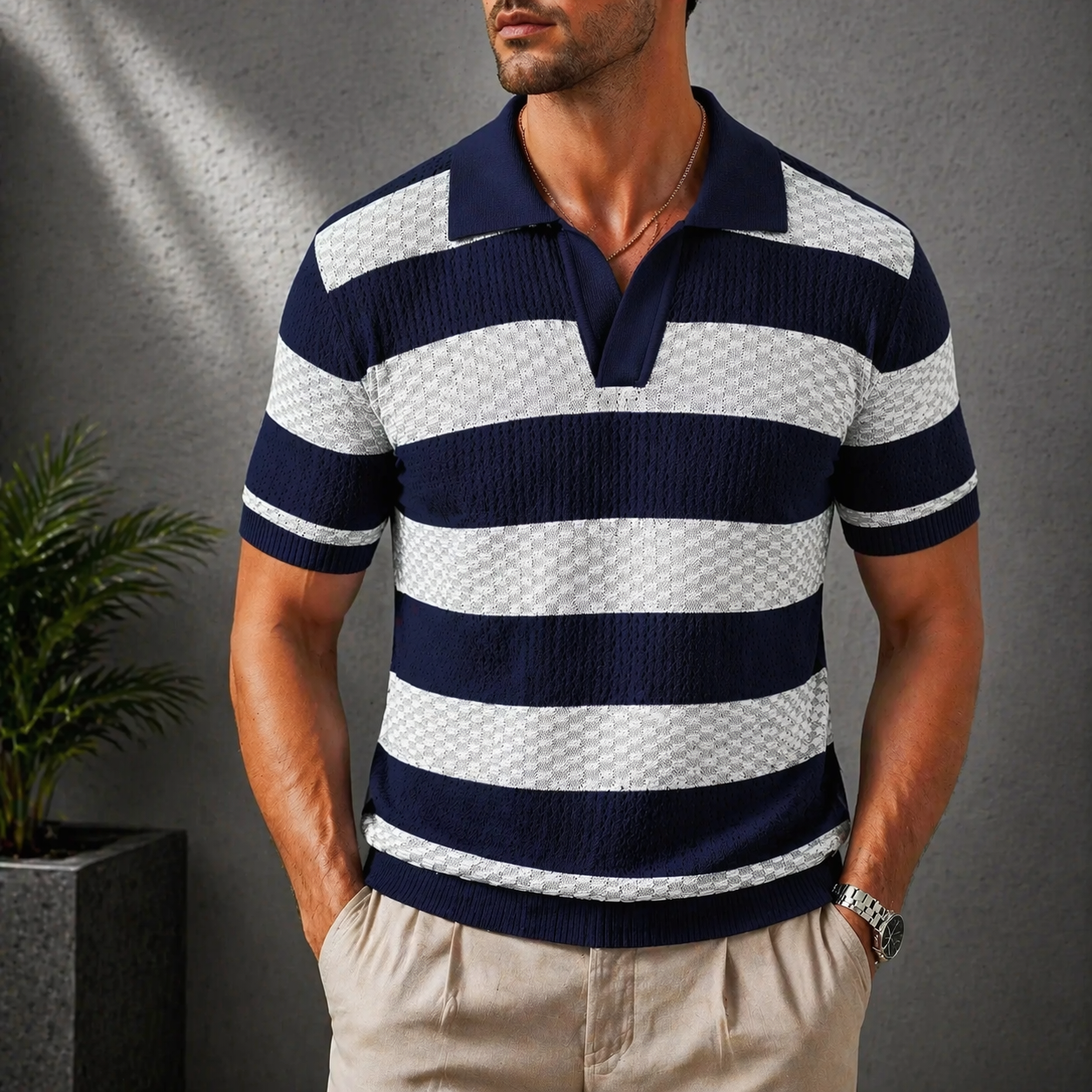 Herren Strick Poloshirt Gestreift Kurzarm