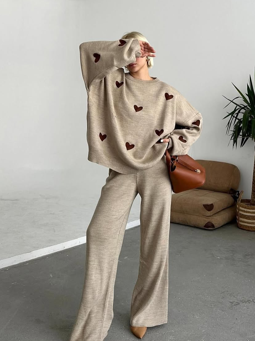 Damen Strick Set Mit Herzmuster Im Lässigen Stil