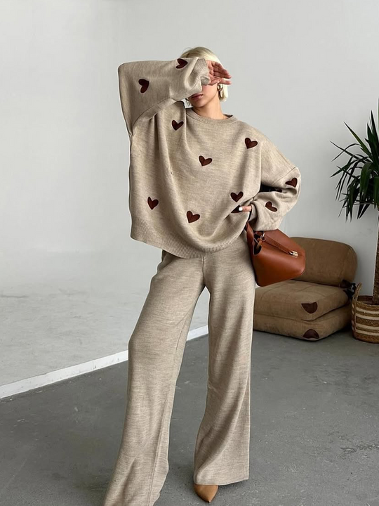 Damen Strick Set Mit Herzmuster Im Lässigen Stil