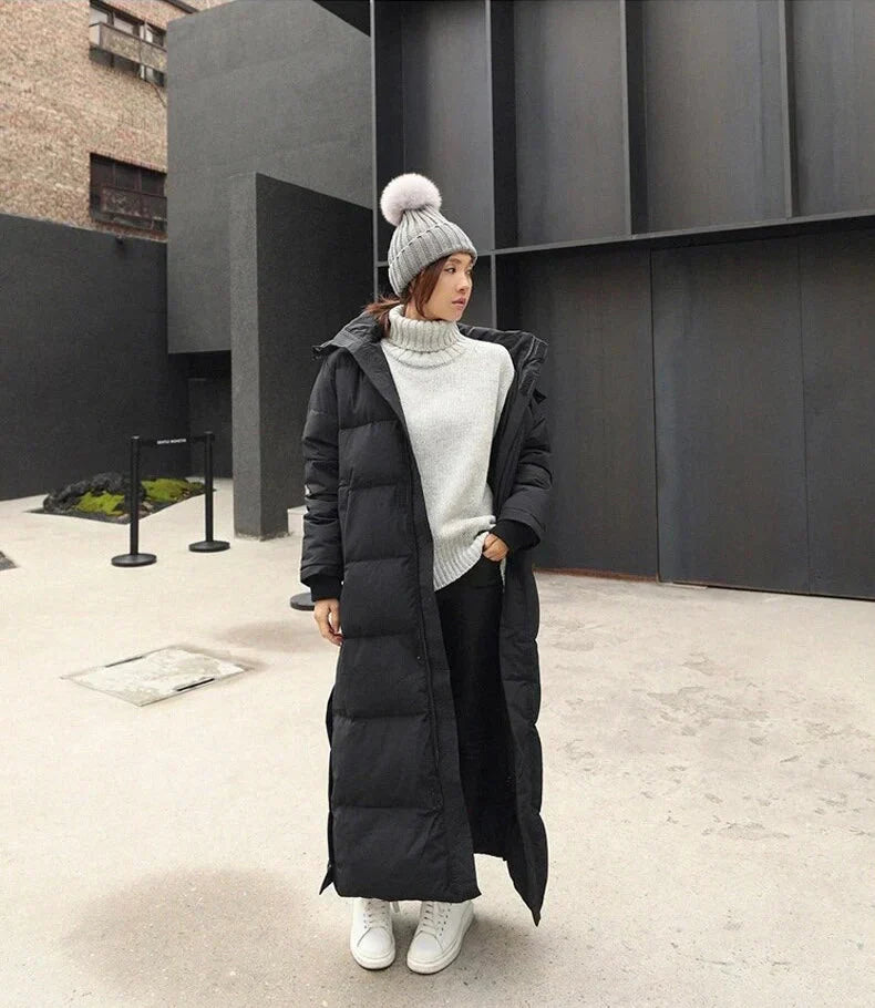Damen Lange Gewatteerde Jacke Mit Klassischem Design