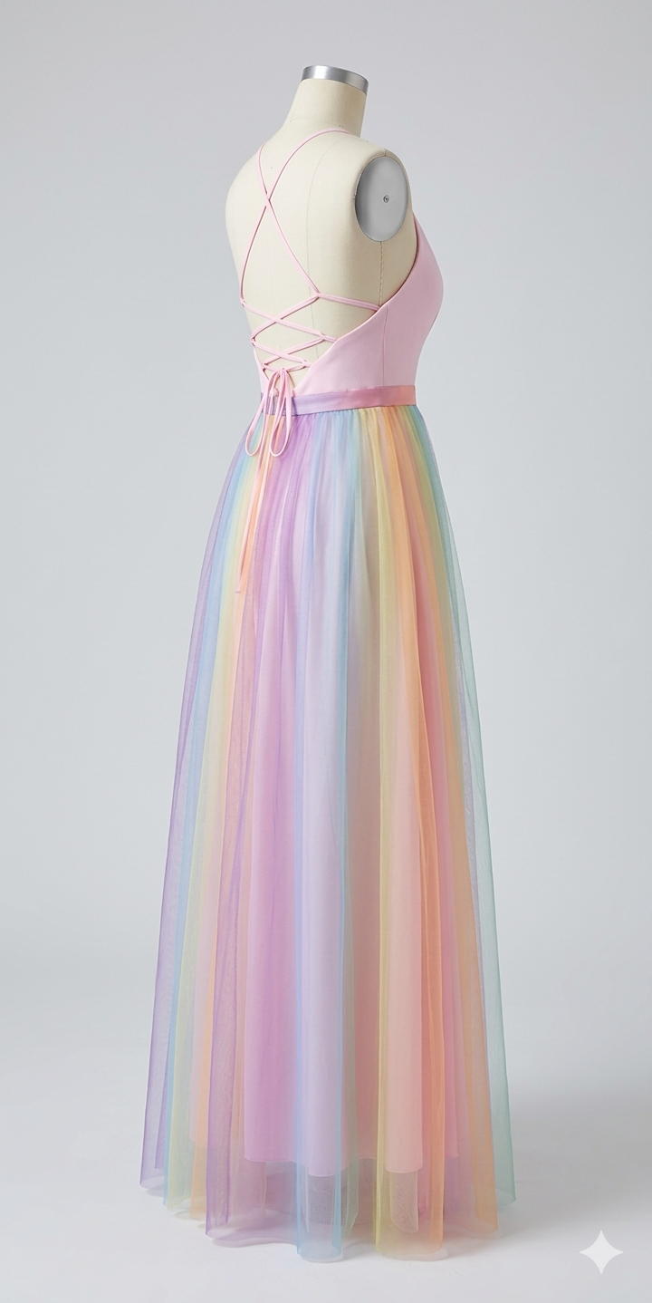 Damen Spaghettiträger Kleid mit Regenbogen-Print Nahaufnahme des Musters