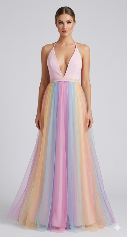 Mehrfarbiges Damenkleid mit Regenbogen-Print in ganzer Ansicht