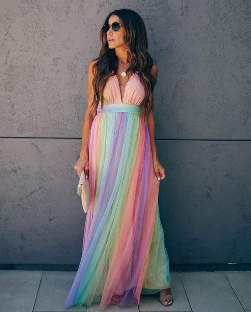 Damen Spaghettiträger Kleid mit Regenbogen-Print in Mehrfarbig seitlich