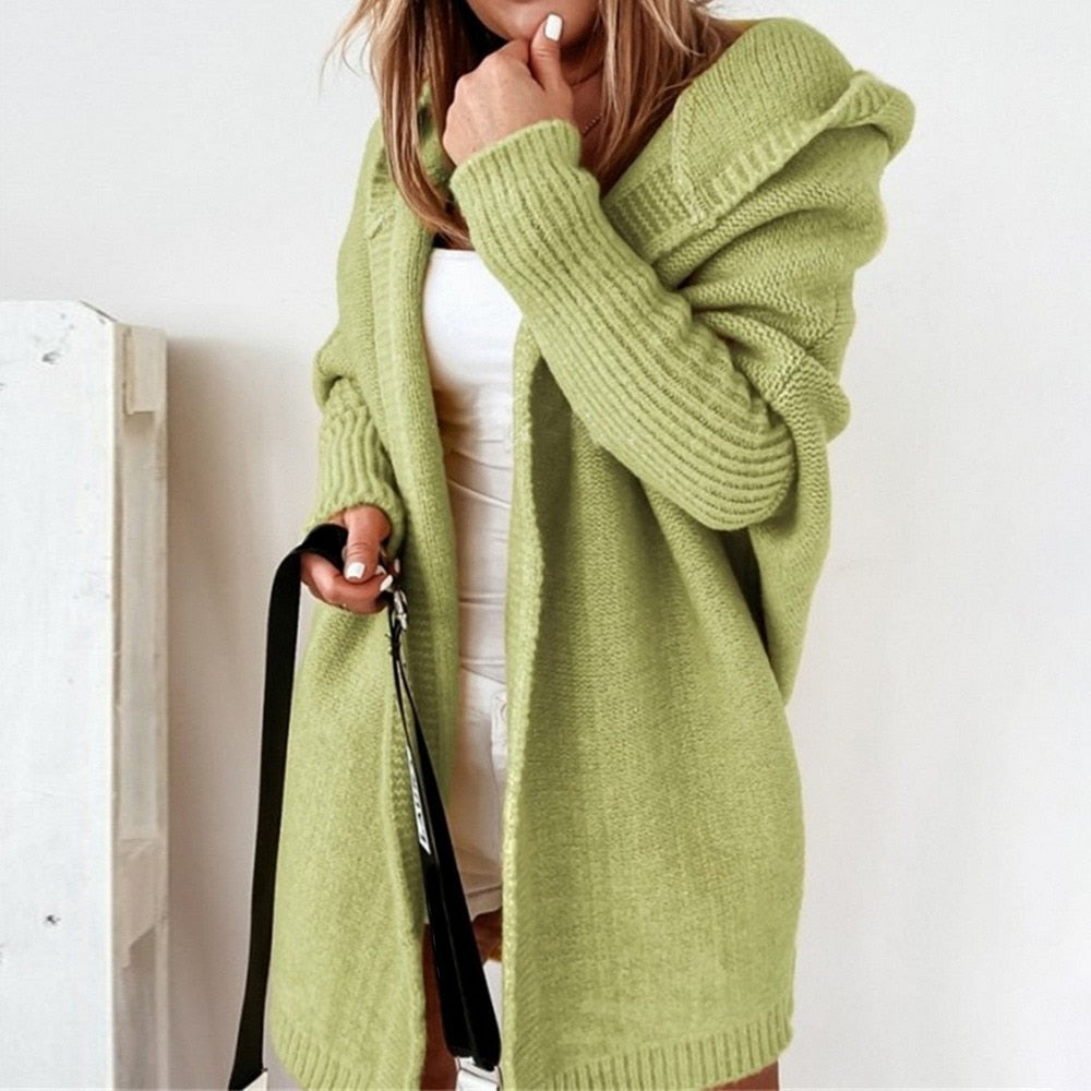 Damen Lange Strickweste Mit Kapuze Im Eleganten Design