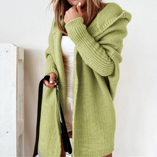 Damen Lange Strickweste Mit Kapuze Im Eleganten Design