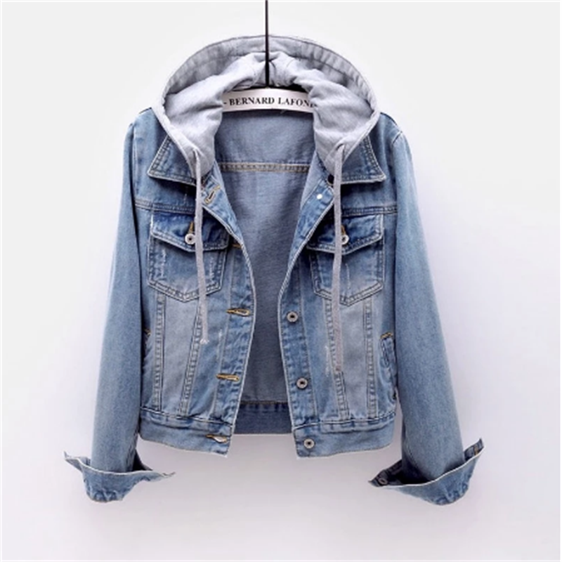 Damen Jeansjacke Mit Abnehmbarer Kapuze