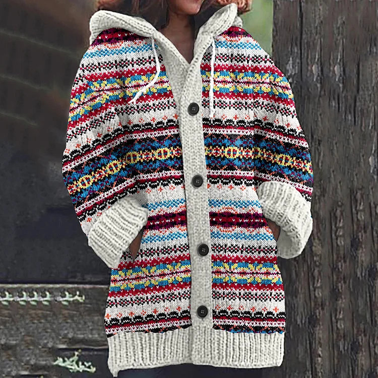 Damen Strickjacke Mit Kapuze Und Knopfleiste