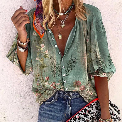 Damenbluse Mit Blumenprint Und Knopfleiste