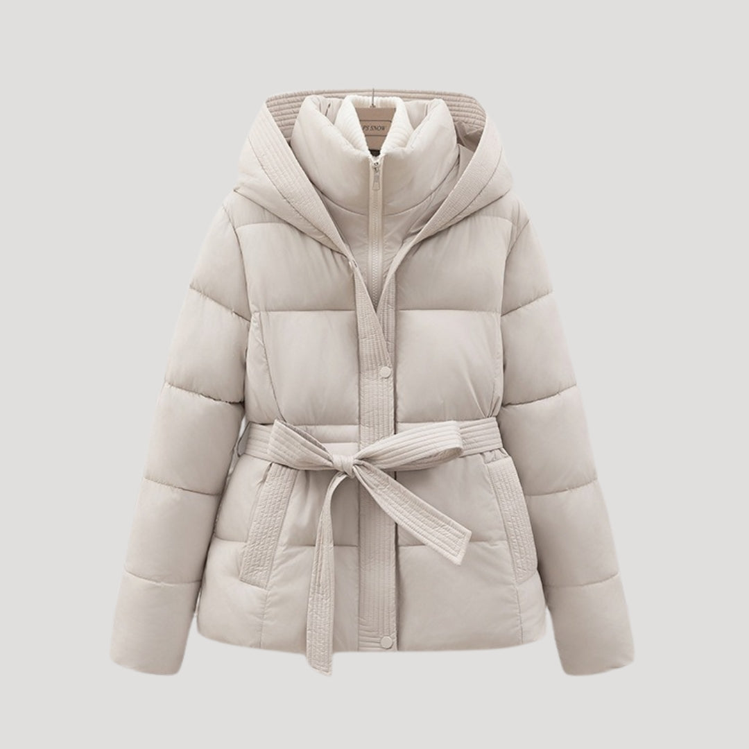 Damen Lange Winterjacke Mit Huva Und Taillengürtel