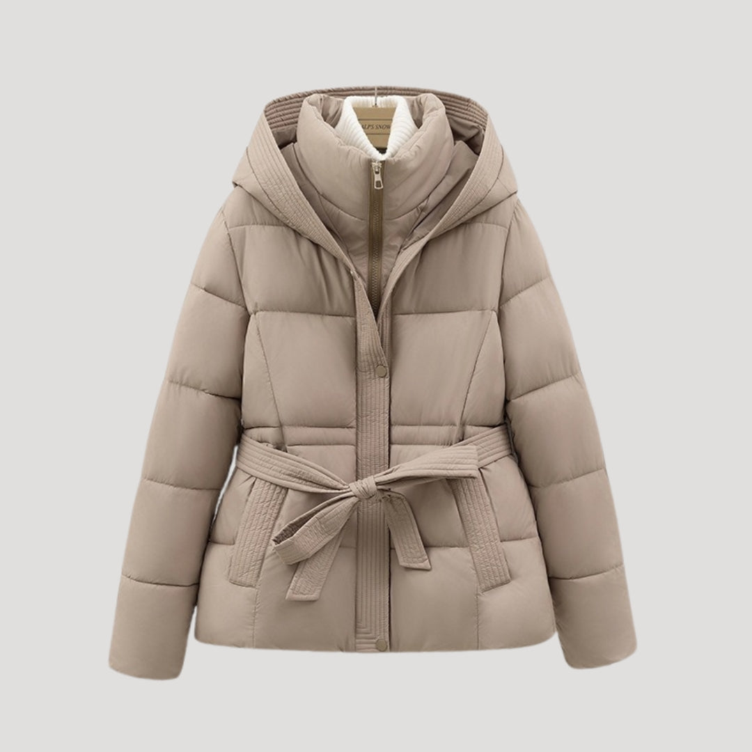 Damen Lange Winterjacke Mit Huva Und Taillengürtel