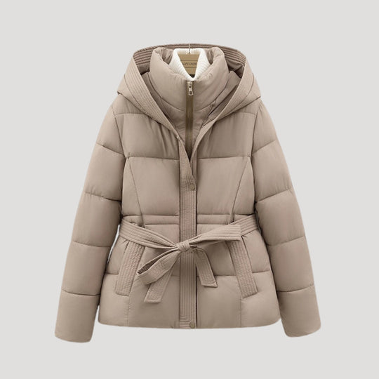Damen Lange Winterjacke Mit Huva Und Taillengürtel