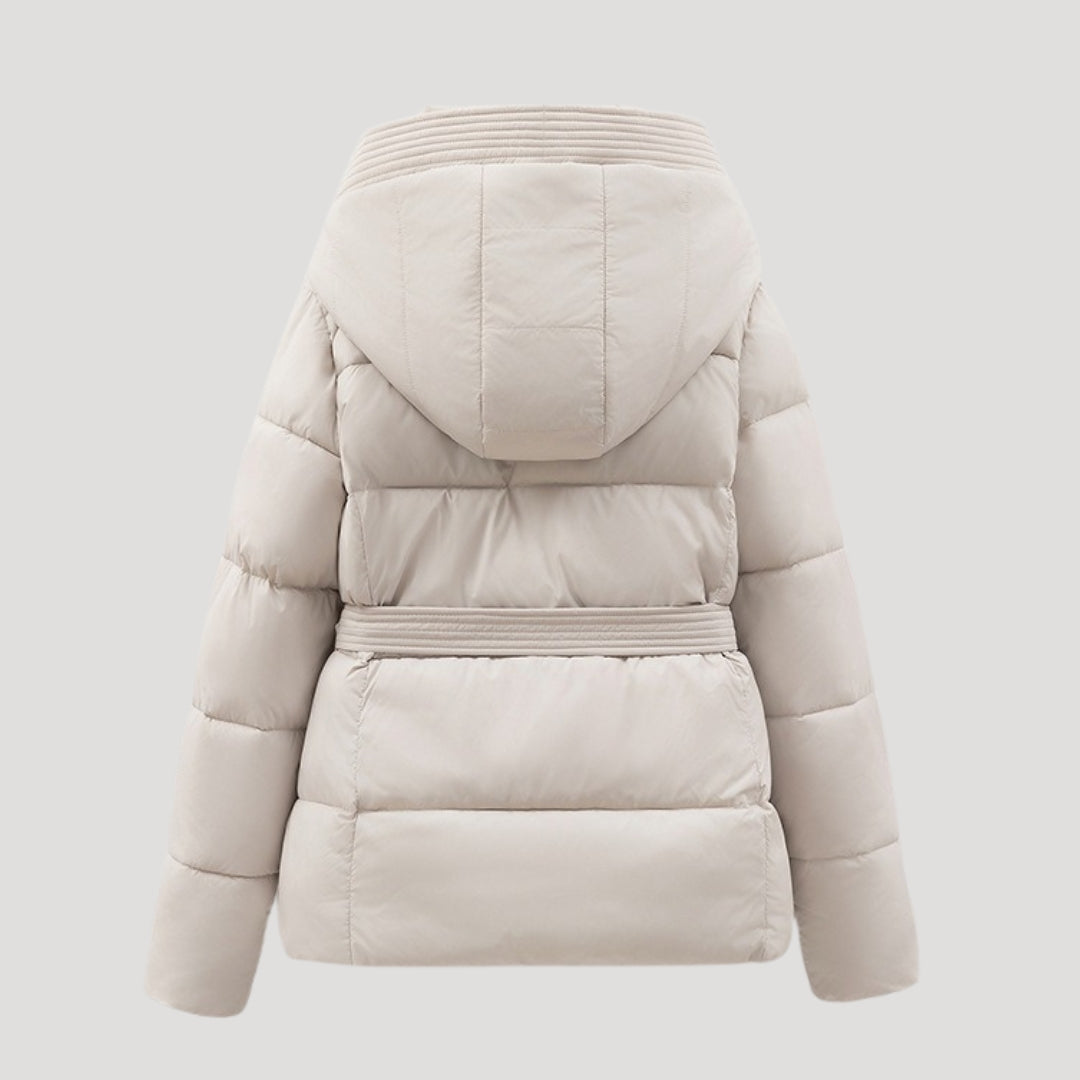 Damen Lange Winterjacke Mit Huva Und Taillengürtel