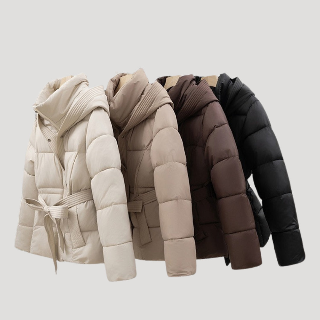 Damen Lange Winterjacke Mit Huva Und Taillengürtel