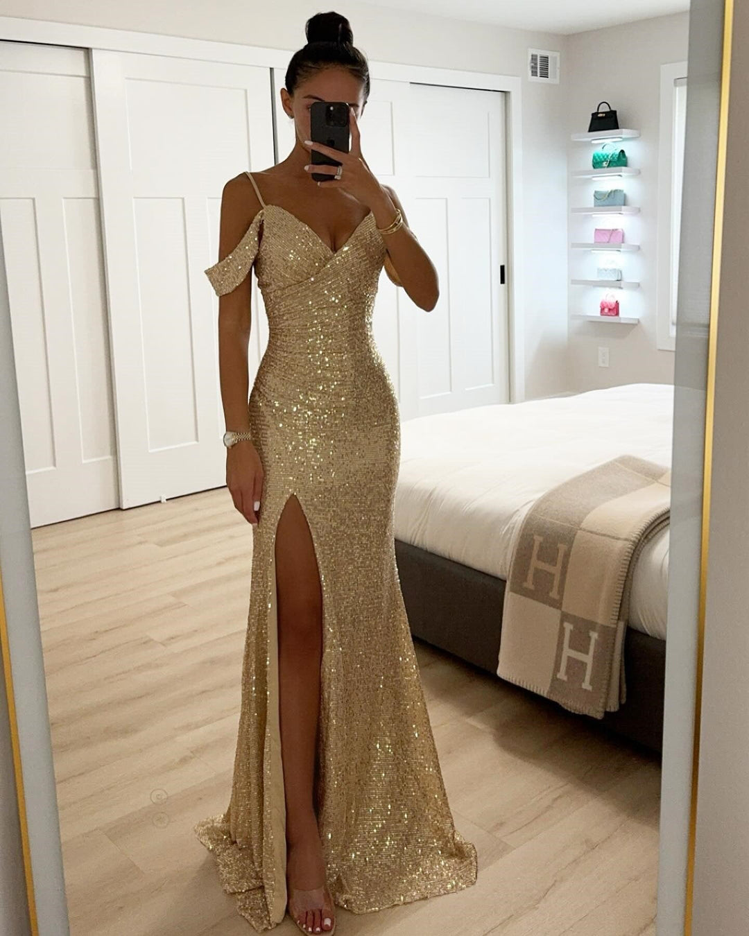 Damen Abendkleid Mit Schlitz Und Schulterdetail