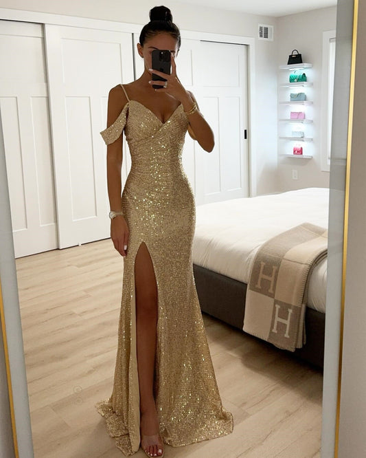 Damen Abendkleid Mit Schlitz Und Schulterdetail
